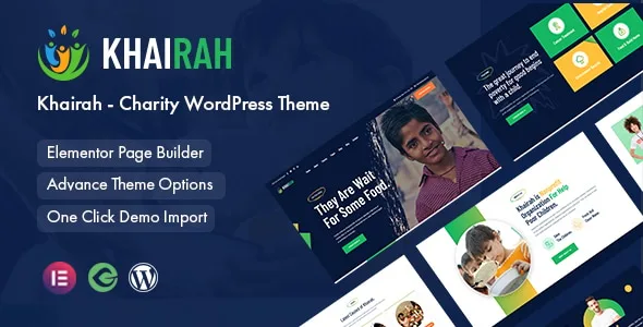 Khairah charity WordPress theme homepage preview showing donation forms and nonprofit layout
