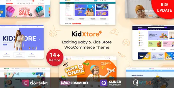 KidXtore WordPress theme homepage preview showing a colorful kids' clothing and toy store layout with product grids and promotional banners