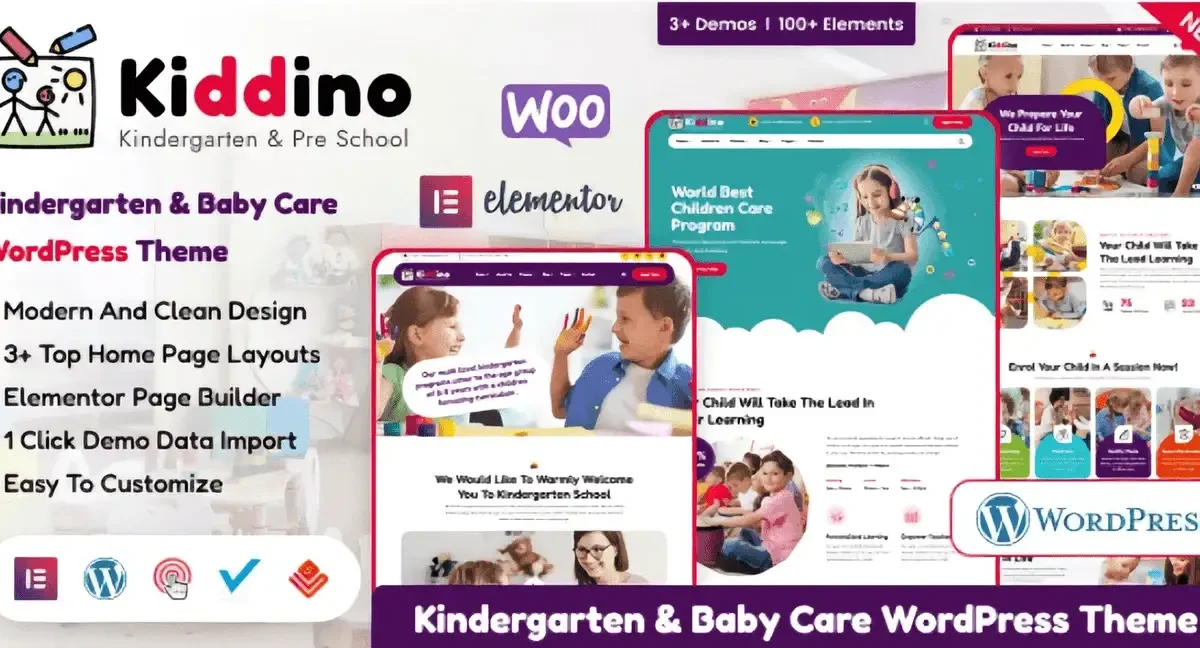 Kiddino WordPress theme homepage preview for kids and kindergarten websites