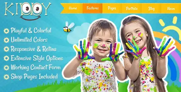 Kiddy HTML template homepage preview showing colorful kindergarten website design with responsive layout