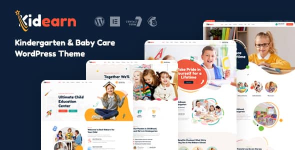 Kidearn WordPress theme preview showing colorful kindergarten and preschool website layouts