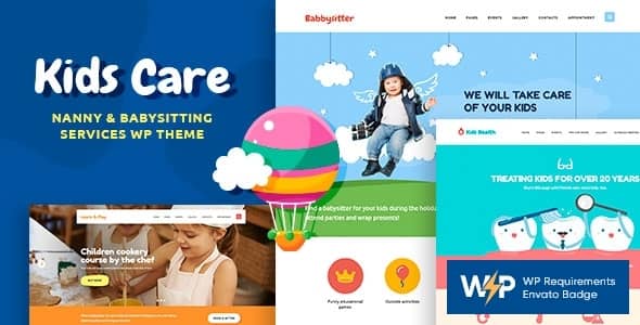 Kids Care daycare WordPress theme showcasing a colorful preschool website layout