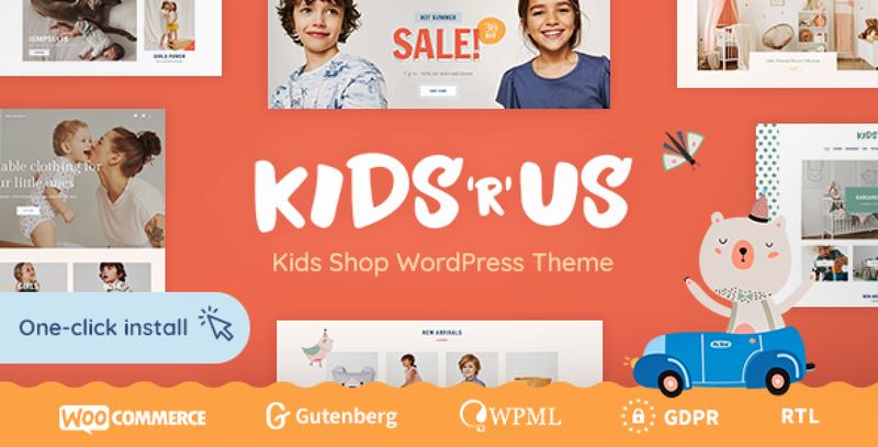 Kids R Us WordPress theme homepage showing children's clothing and toy store layout with product grid