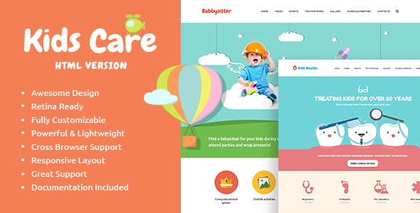 KidsCare children website template preview showing responsive HTML5 layout for daycare and preschool websites