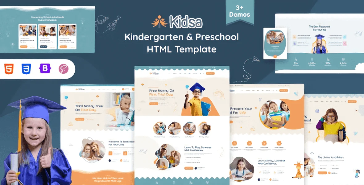 Kidsa kindergarten HTML5 template preview showing responsive school website design