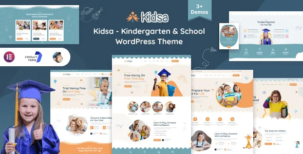 Kidsa kindergarten and preschool WordPress theme preview showing vibrant responsive layout