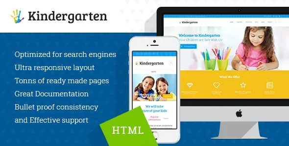 Kindergarten HTML template preview featuring a modern children's website design