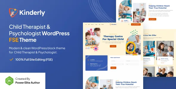 Kinderly child therapist WordPress theme preview showcasing a modern, clean design layout