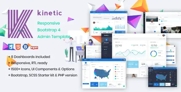 Kinetic Bootstrap 4 admin template with responsive layout, UI components, and data export features