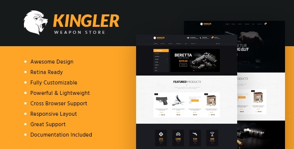 Kingler gun store website template with dark modern design for firearms retail and training businesses