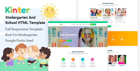 Kinter kindergarten HTML5 template preview showing school website design with Elementor PRO customization