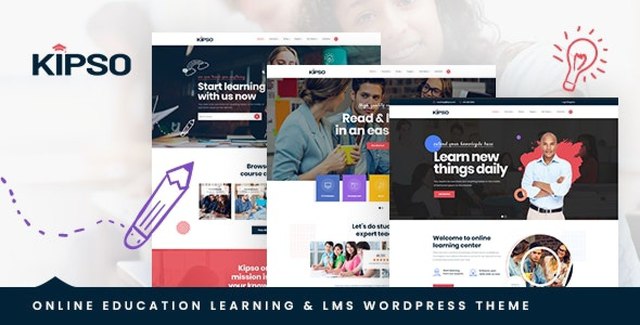 Kipso education LMS WordPress theme homepage preview showing a modern school website layout