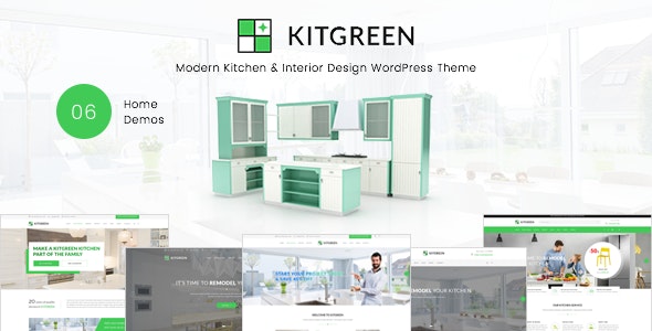 KitGreen WordPress theme homepage showing modern kitchen design portfolio with project gallery and booking form