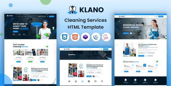Klano cleaning services HTML template homepage preview showing responsive design on desktop and mobile
