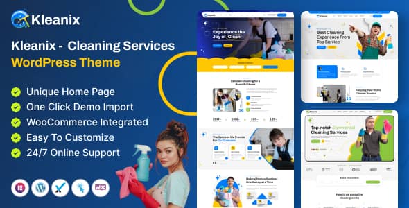 Kleanix cleaning service WordPress theme homepage demo showing professional service layout with Elementor editor