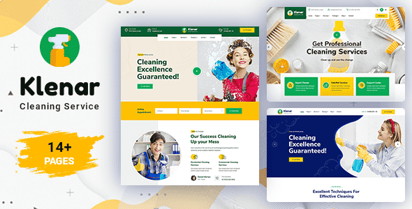 Klenar cleaning services WordPress theme homepage preview with responsive Bootstrap 5 design