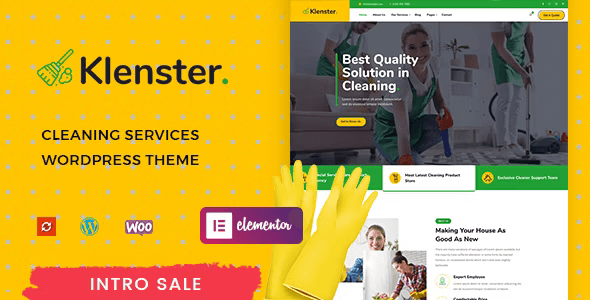Klenster cleaning services WordPress theme homepage demo with Elementor page builder interface