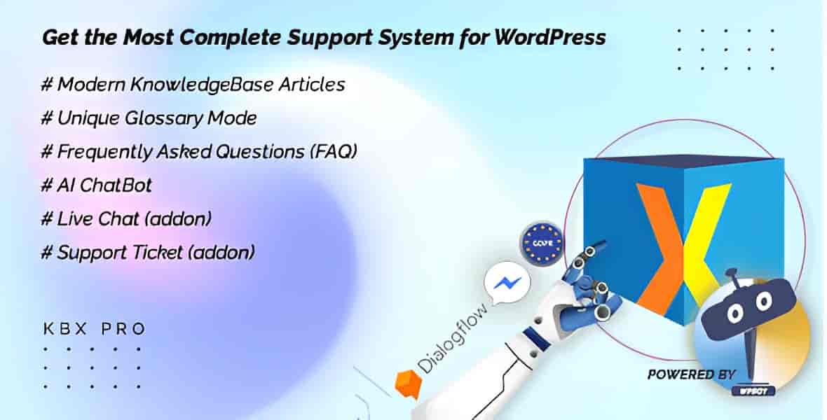 KnowledgeBase X WordPress plugin dashboard showing knowledge base, FAQ, glossary, and AI chatbot interfaces