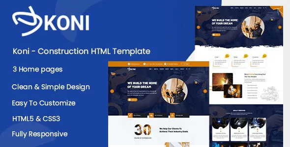 Koni construction HTML template preview showing a responsive business website layout