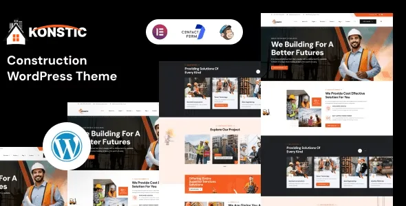 Konstic construction and industrial WordPress theme homepage preview showing modern industrial design with Elementor page builder
