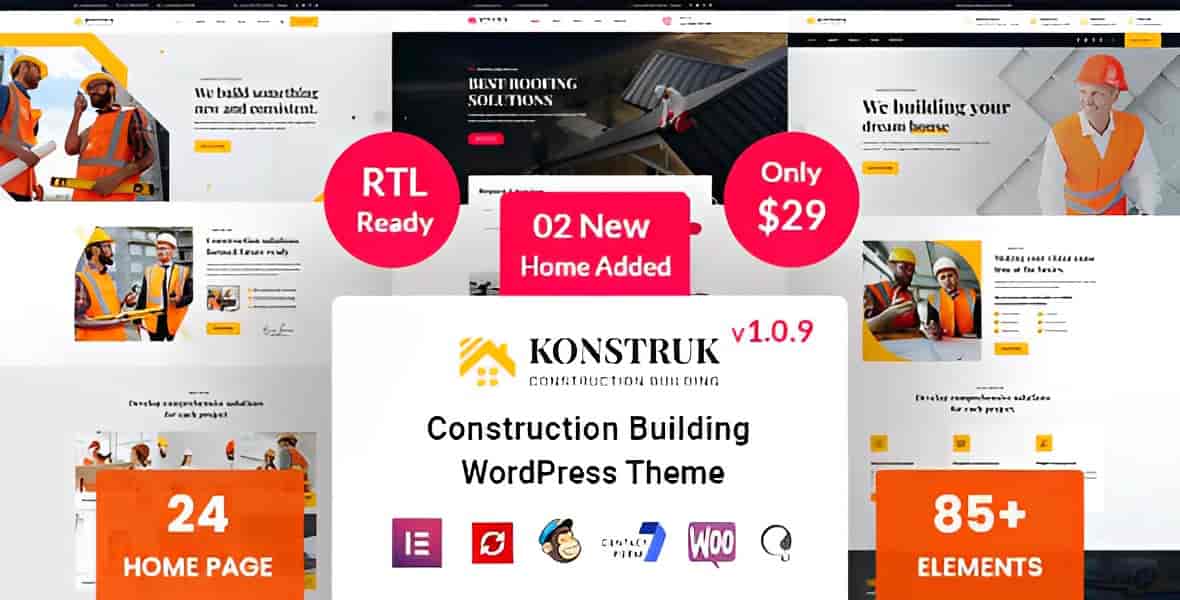 Konstruk construction WordPress theme preview showing professional multi-page homepage layout for construction businesses
