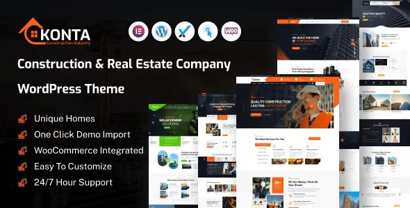 Konta WordPress theme homepage showing construction and real estate layout options with Elementor editor