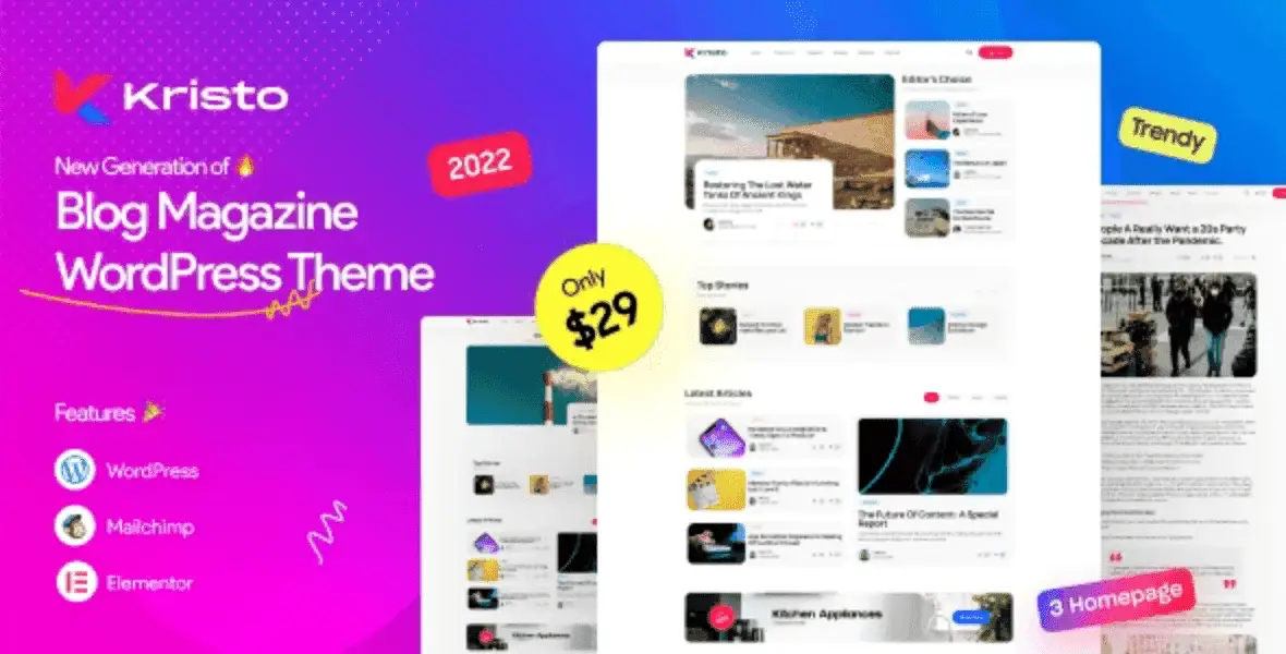 Kristo modern magazine WordPress theme preview with Elementor page builder