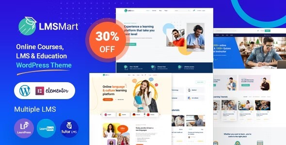 LMSmart Education WordPress Theme dashboard showing course listings and event calendar