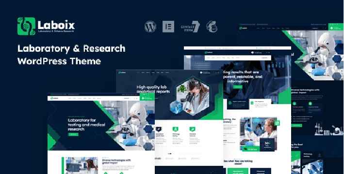 Laboix laboratory and research WordPress theme preview showing a professional scientific website layout