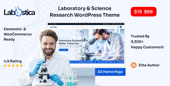 Labstica laboratory WordPress theme preview showcasing modern science and research website design