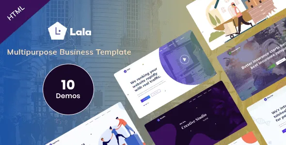 Lala multipurpose Bootstrap 5 HTML template homepage preview showing modern business layout with hero section, services grid, and portfolio showcase