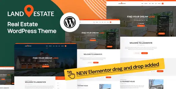 Land Estate real estate WordPress theme homepage demo with property listings and Elementor page builder