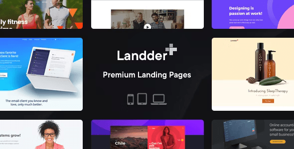 Landder+ lead generation landing page HTML template preview showing multiple niche designs