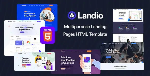 Landio multipurpose landing page HTML template showing 12 homepage variations on desktop and mobile devices
