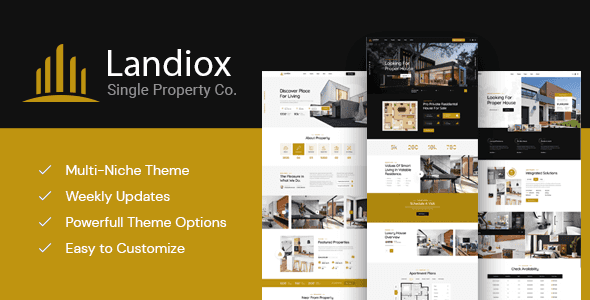 Landiox single property WordPress theme homepage preview showing responsive real estate layout with property gallery and inquiry form