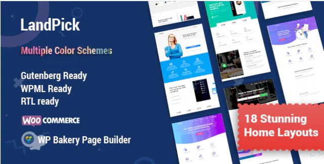 Landpick multipurpose landing page WordPress theme showcasing responsive layout designs