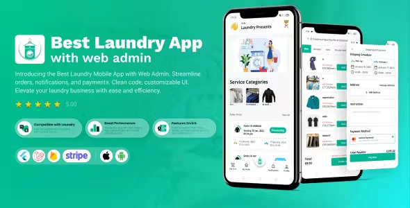 Laundry Flutter App with Laravel Admin Panel - mobile app and dashboard preview