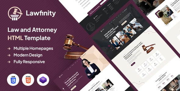 Lawfinity law and attorney HTML template preview showing a professional legal website layout