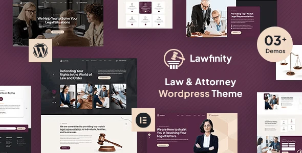 Lawfinity law firm WordPress theme preview showcasing a professional attorney website layout