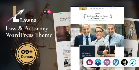 Lawna law firm WordPress theme homepage preview showing professional legal website design with Elementor builder