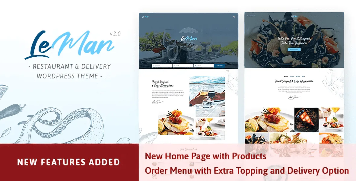 LeMar restaurant WordPress theme homepage layout showcasing modern food website design with Elementor