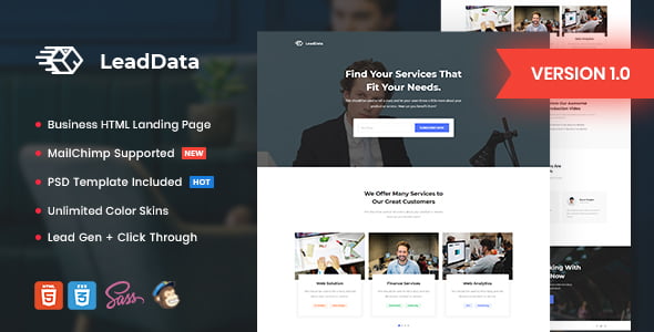 LeadData lead generation landing page template preview showing multiple homepage layouts
