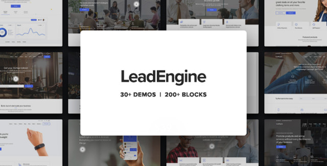 LeadEngine WordPress theme dashboard showing WPBakery builder with template blocks library