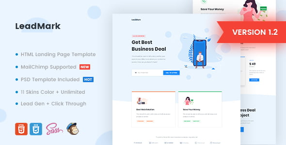 LeadMark HTML landing page template showing four homepage variations on desktop and mobile devices