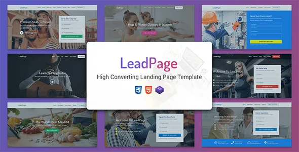 LeadPage multipurpose HTML landing page template preview showing clean modern design on desktop and mobile
