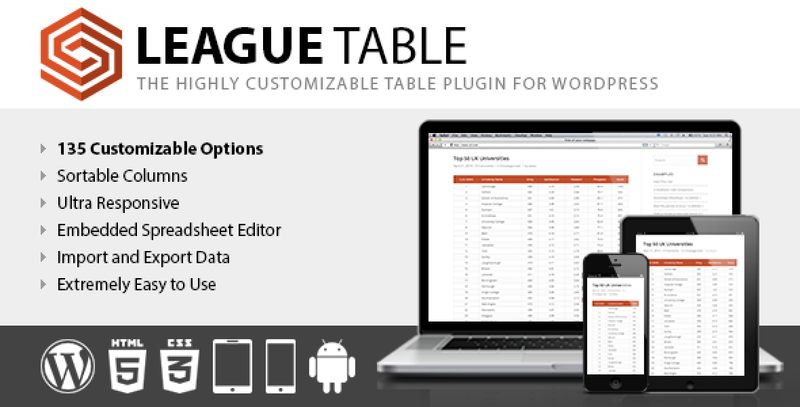 League Table WordPress plugin showing a responsive sports standings table with sorting options