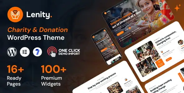 Lenity charity WordPress theme homepage showing donation call-to-action, event listings, and volunteer team section on desktop and mobile