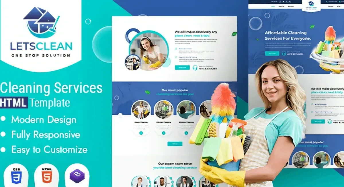 LetsClean cleaning services HTML5 website template preview showing responsive layout design