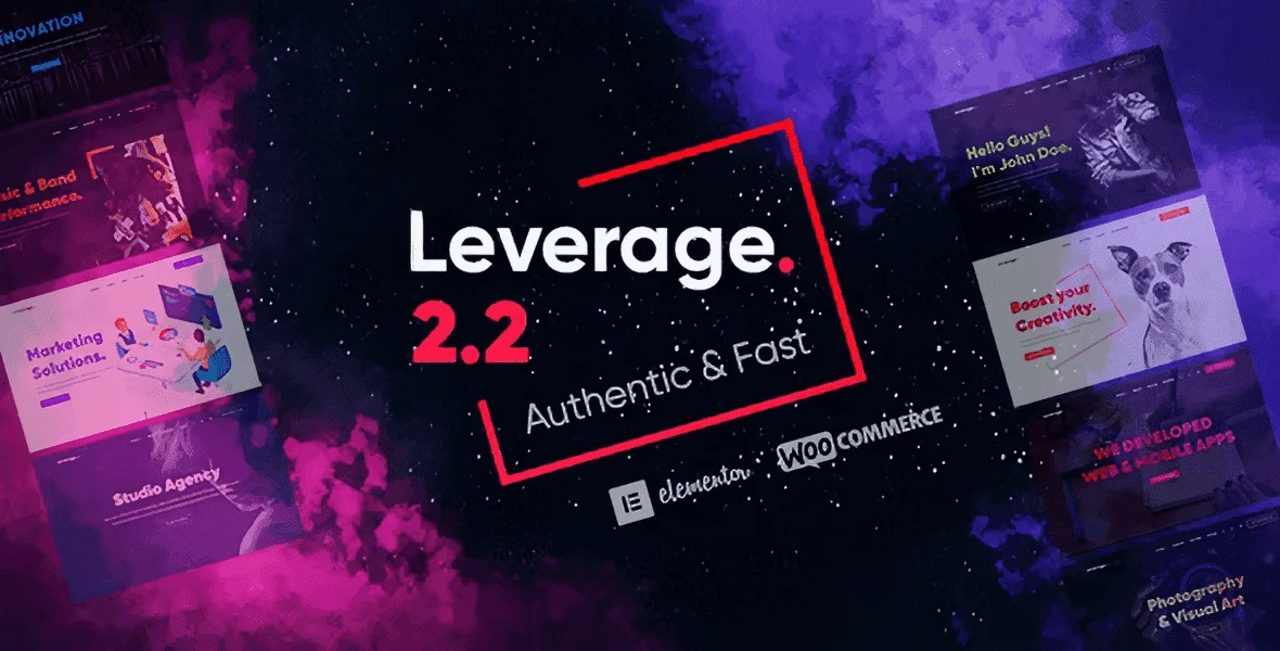 Leverage creative agency and portfolio WordPress theme preview with Elementor drag-and-drop interface