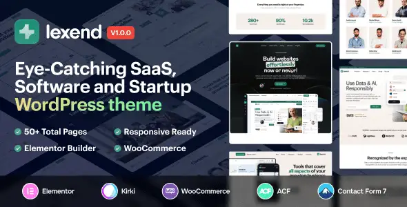 Lexend SaaS WordPress theme homepage with modern responsive design and Elementor page builder layout